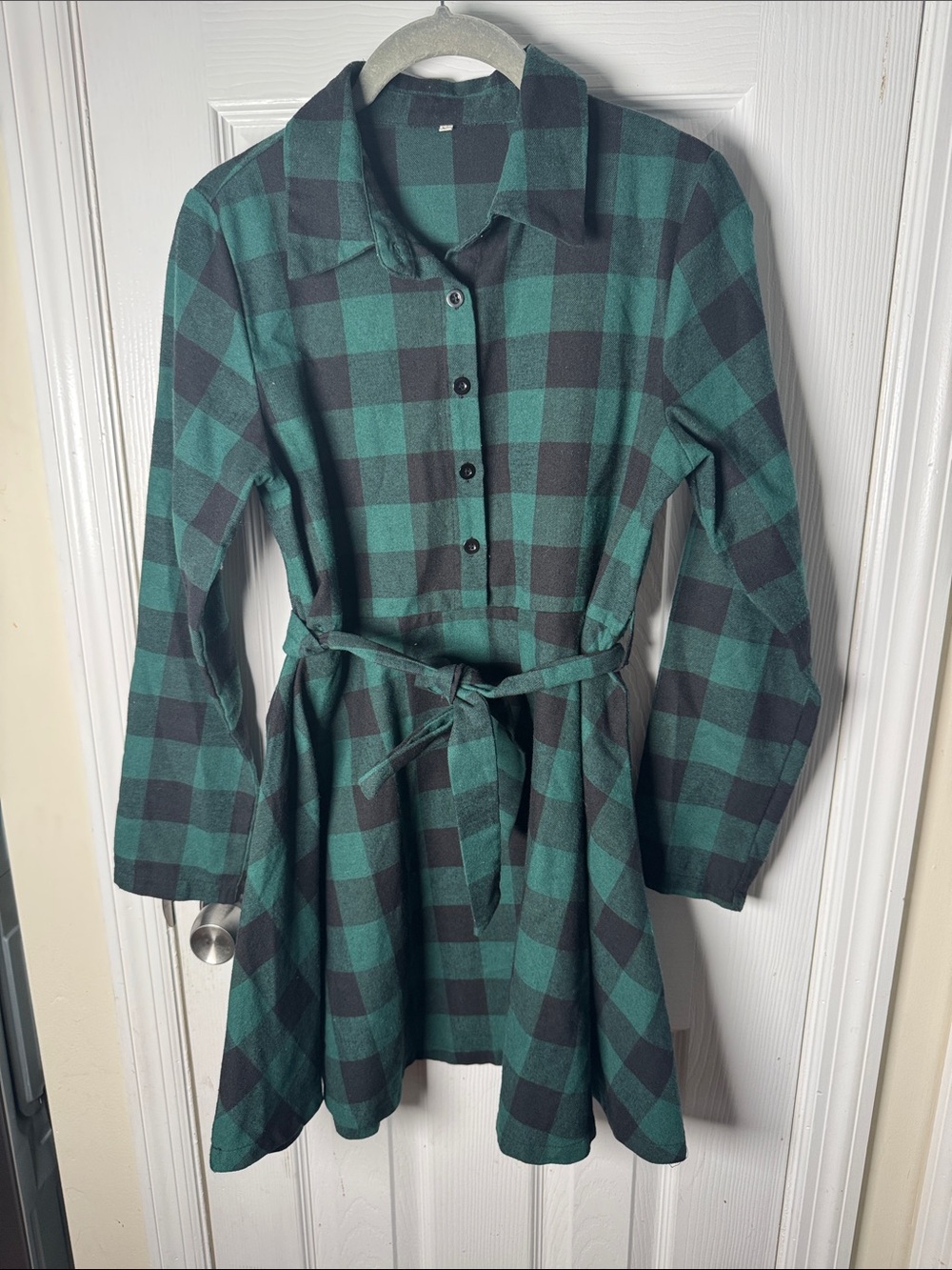 Green and Black Plaid Button-Front Shirt Dress with Tie Waist